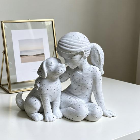 Girl And Dog Statue Nordic Style Desktop Girl Dog Figurine for Bedroom Living Room Home Office Shelf Desk Decor