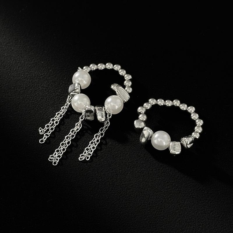 2Pcs/Set Creative Irregular Ccb Imitation Pearl Rings Women Vintage Metal Tassel Finger Ring Jewelry