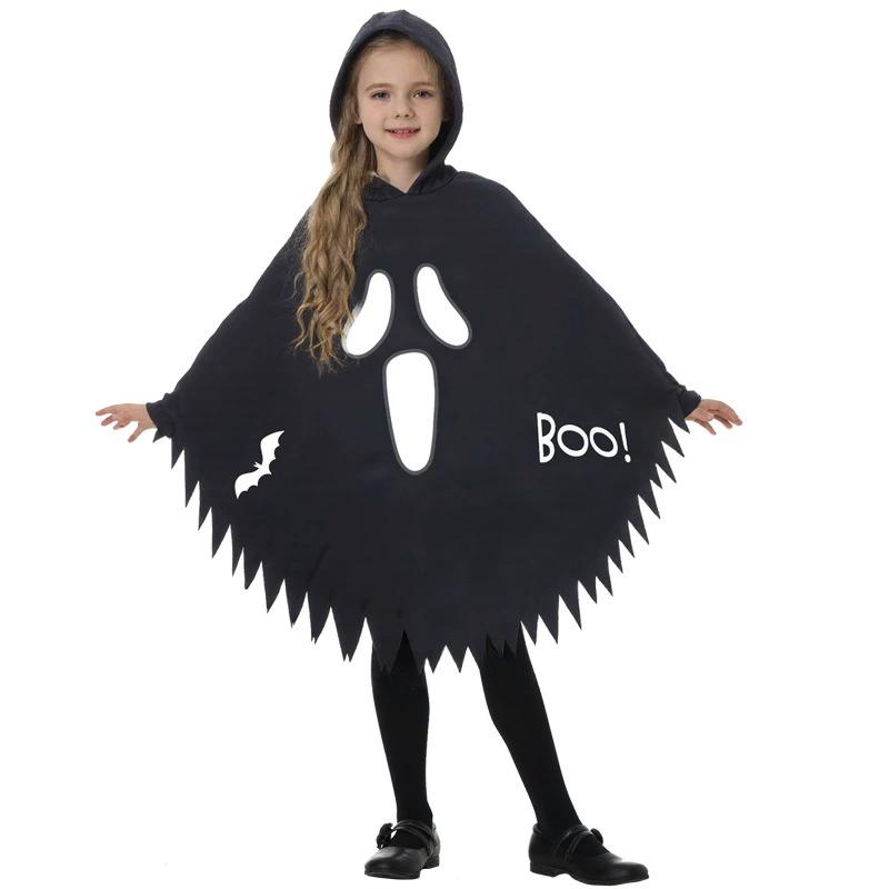 Halloween Kids Cosplay Costume White Black Luminous Ghost Luminous Face Cape Shawl Party Dress-Up Costume Boys Cape Girl