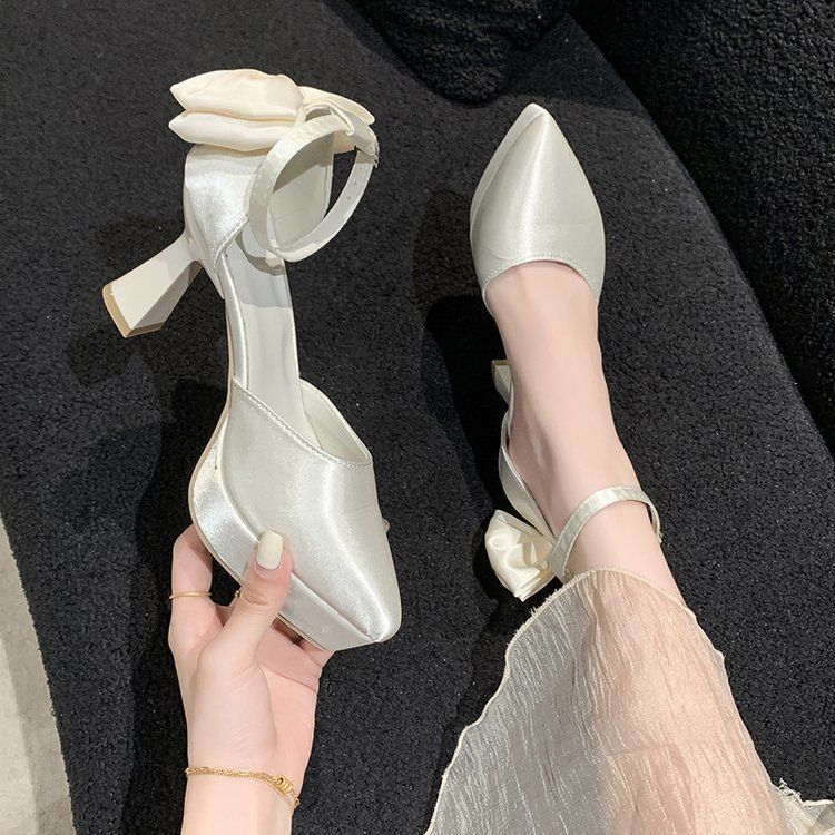 French Pointed Bow Thick Heel One-word Buckle Strap Single Shoes Women's Fashion Waterproof Table High Heels Women Are Not Tired of Feet 2025