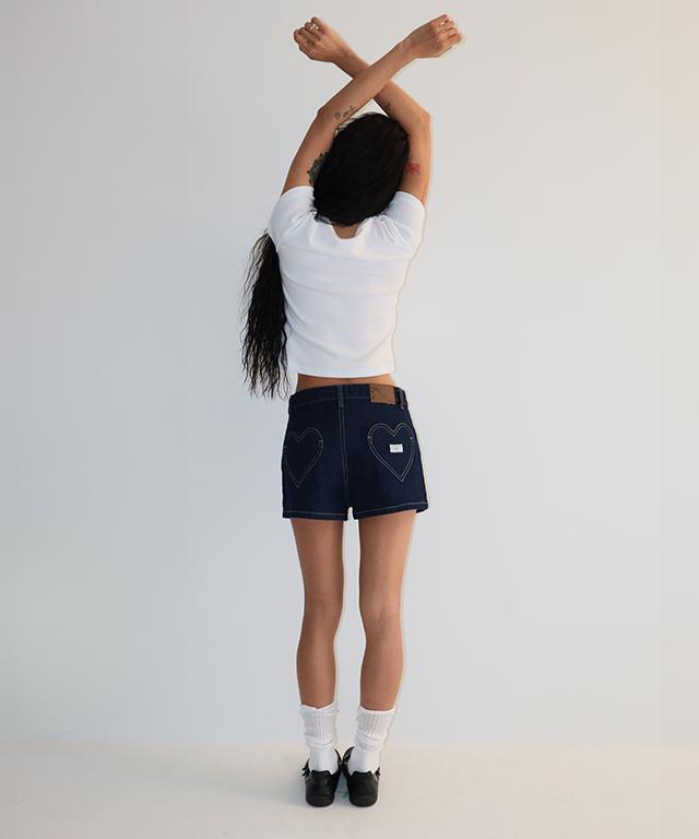 RONRON Heart Pocket Mini Short Denim Pants Indigo Blue