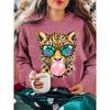 Autumn and winter women's bubble blowing pink chewing gum leopard print round neck long sleeved T-shirt