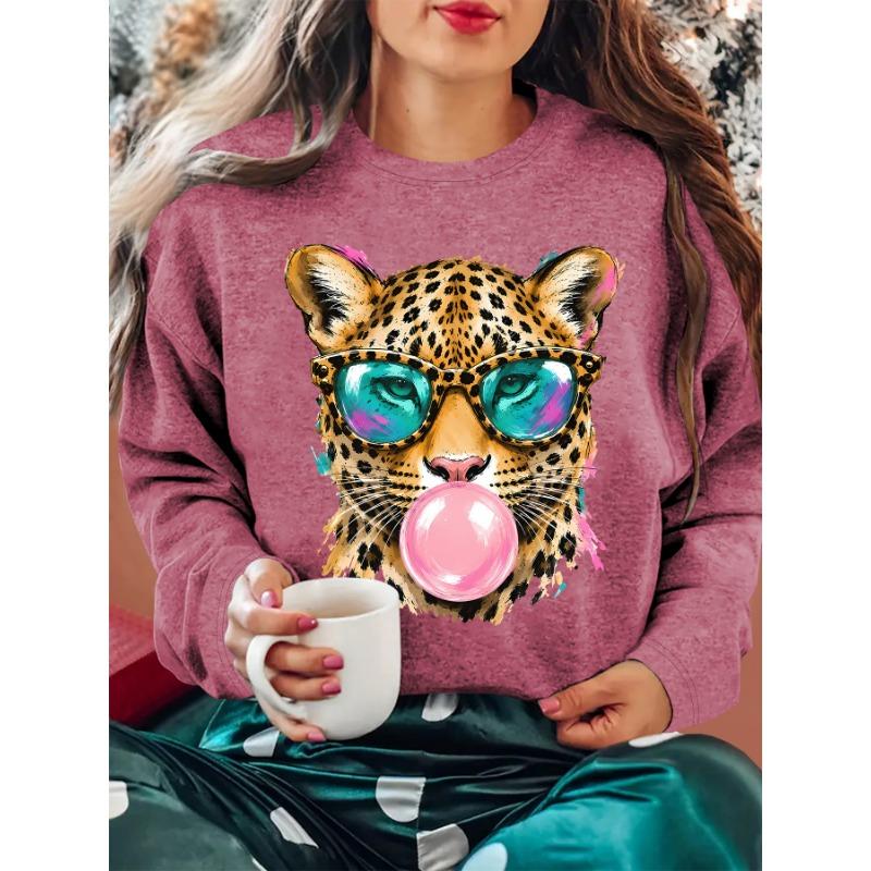 Autumn and winter women's bubble blowing pink chewing gum leopard print round neck long sleeved T-shirt