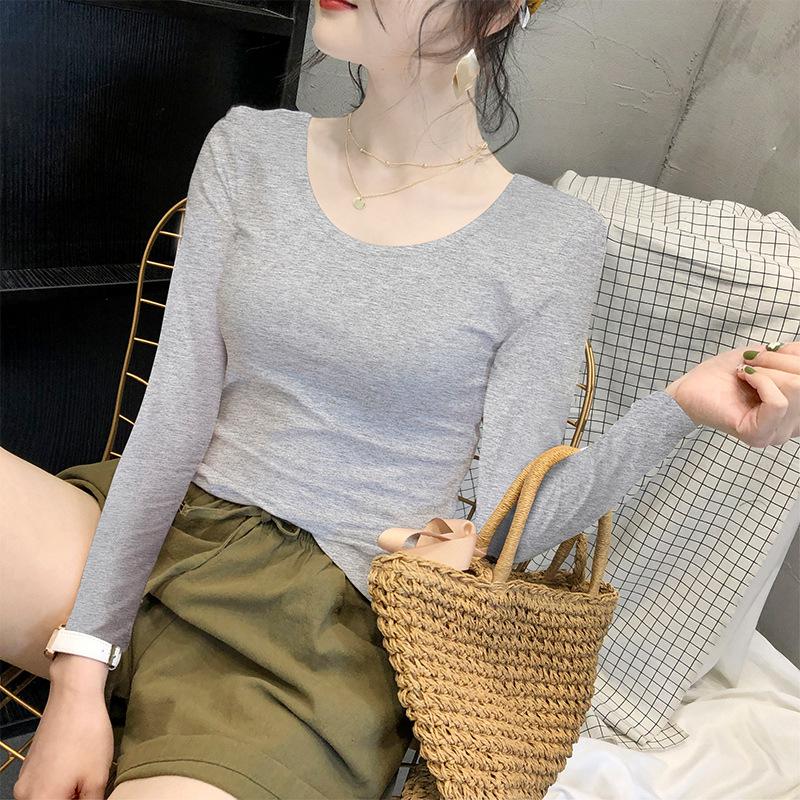 

Футболка Design Sense с длинным рукавом из хлопка, женская, облегающая, с круглым вырезом, с глубоким вырезом, открывающим ключицу, с внутренней стороны, сверху и снизу, женская M серый