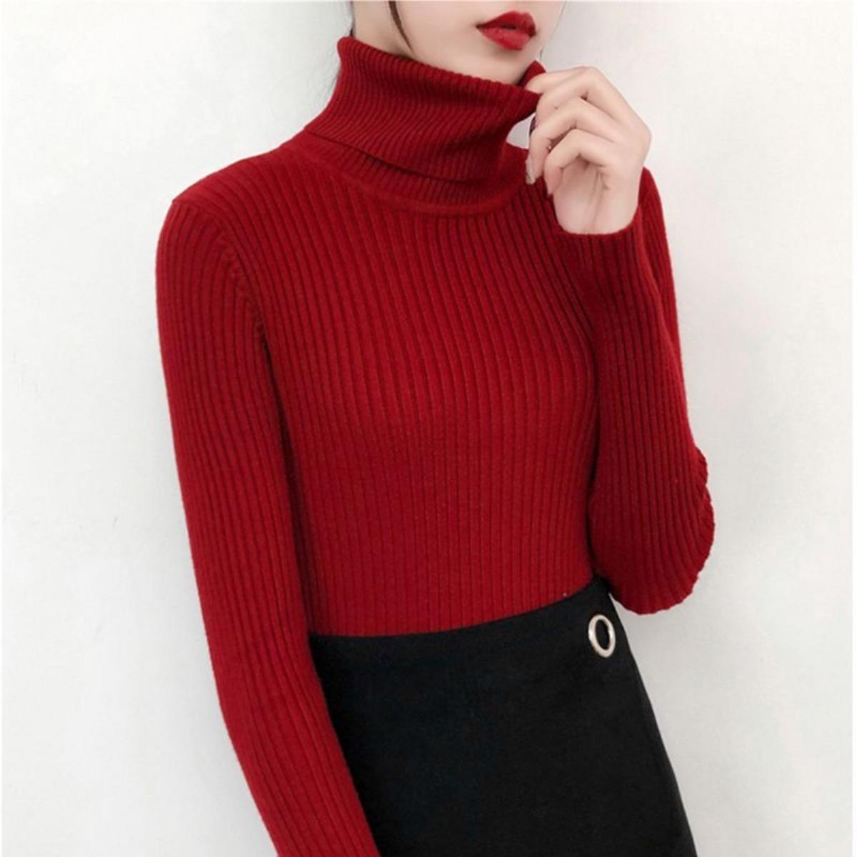

Свитер с высоким воротником для женщин, облегающий и стройнящий топ для осени и зимы, черная вязаная базовая рубашка со стильным видом XL бордовый