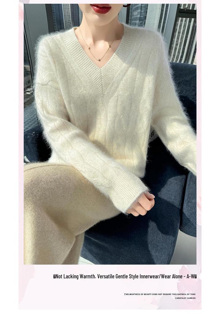 Lekasha 100% Cashmere V-Neck Loose Knit Sweater for Women - Solid Color Winter Base Layer Top