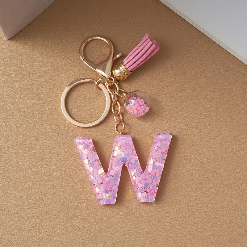 Pink Pompom Letter Keychain English Alphabet Keyring Glitter Gradient Resin Car Mirror Accessory Women Handbag Charms