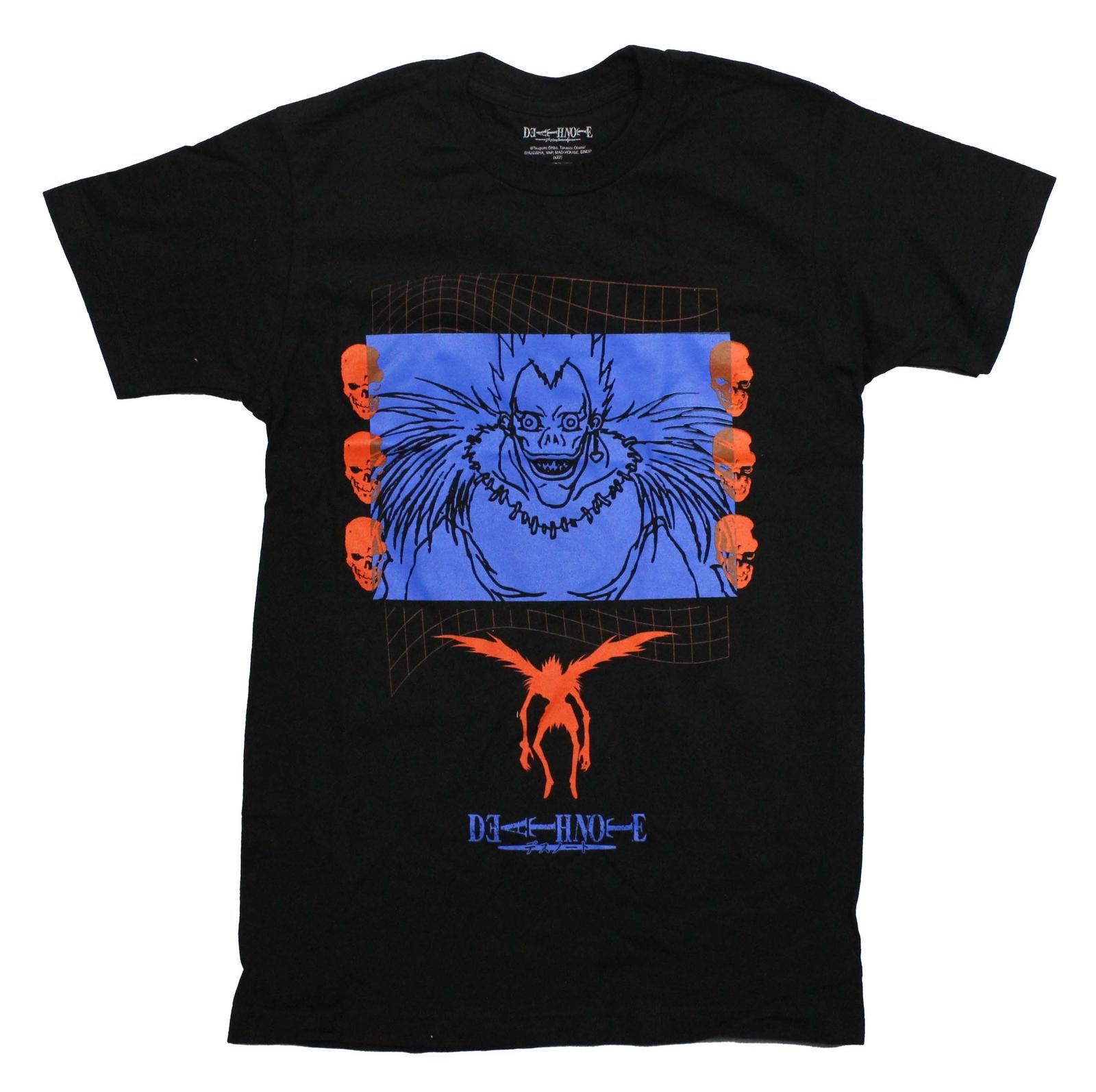 Death Note New Adult T-Shirt -Blue Ryuk Centered Between Orange Skulls XXXL