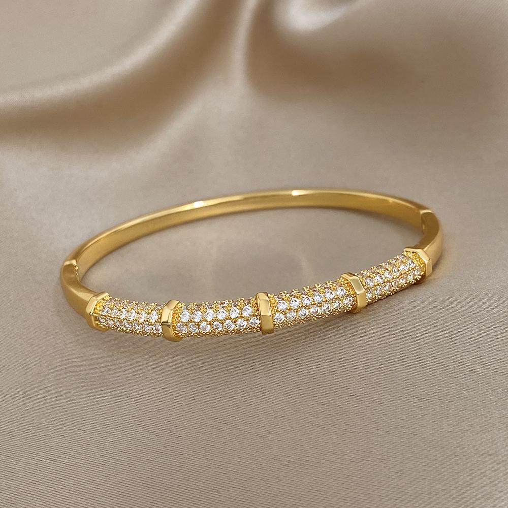 Luxury Bamboo Inlaid Zircon Smooth Bracelet for Women Fashion Gold Plated Copper Cuff Bangle Bracelets Waterproof Jewelry