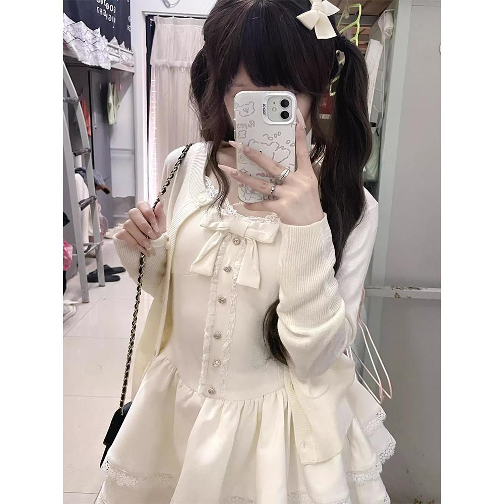 French sweet, beautiful and unique, super good-looking cardigan jacket fluffy cake dress two-piece set, small spring and autumn