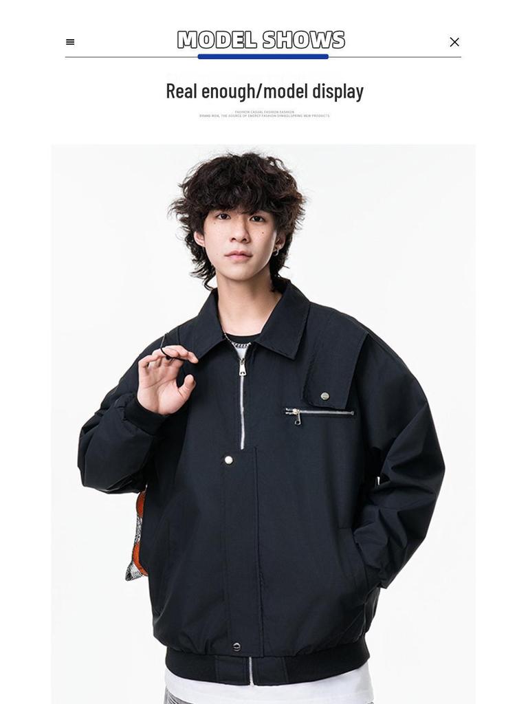 Men's Versatile Lapel Bomber Jacket - Spring & Fall Solid Color Casual Workwear