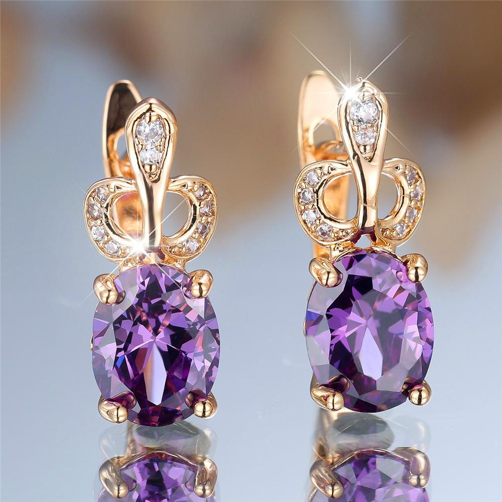 Luxury Female Purple Oval Zircon Stone Hoop Earrings Fashion Gold Color Wedding Jewelry For Women фиолетовый