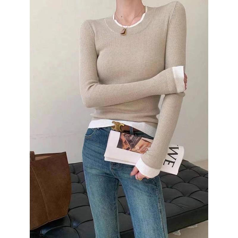 

Воротник контрастного цвета, фальшивый двухкомпонентный низ, трикотажный свитер, дизайнерский смысл, содержит шелковый шерстяной свитер, женский осенний свитер с длинным рукавом для ношения под низ 120 (110-67.5 kg) верблюд