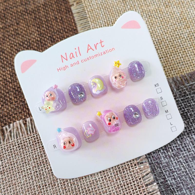Purple Sparkle Star Cartoon Nail Art Stickers for Kids - Cute, Playful, Wearable Nails