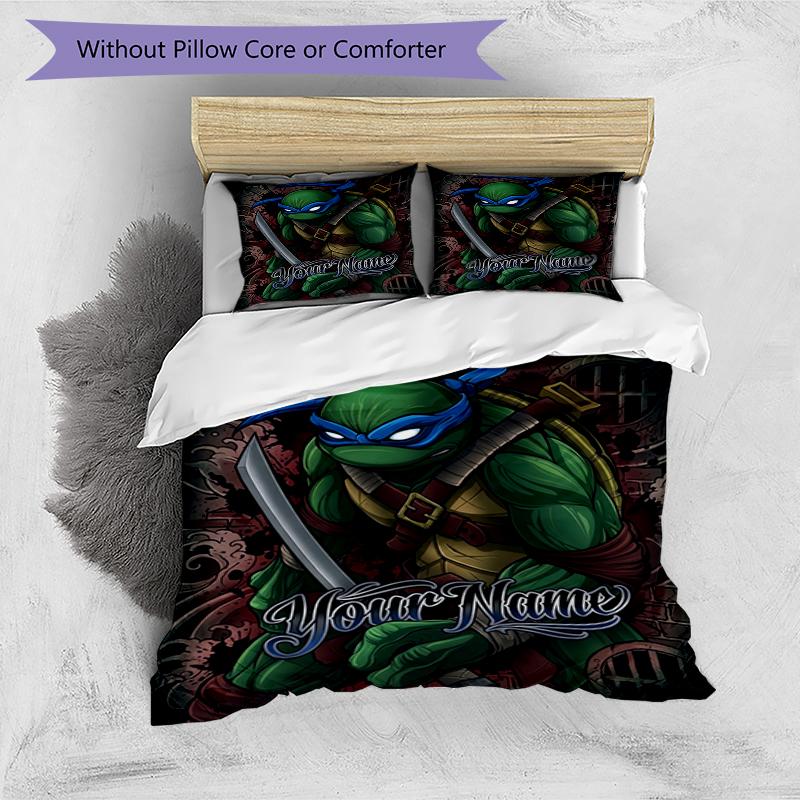 3pcs Custom Name Turtle Power Printed Bedding Set Duvet Cover Closure Includes 1 Duvet Cover & 2 Pillowcases, Soft and Comfortable for All Seasons.
