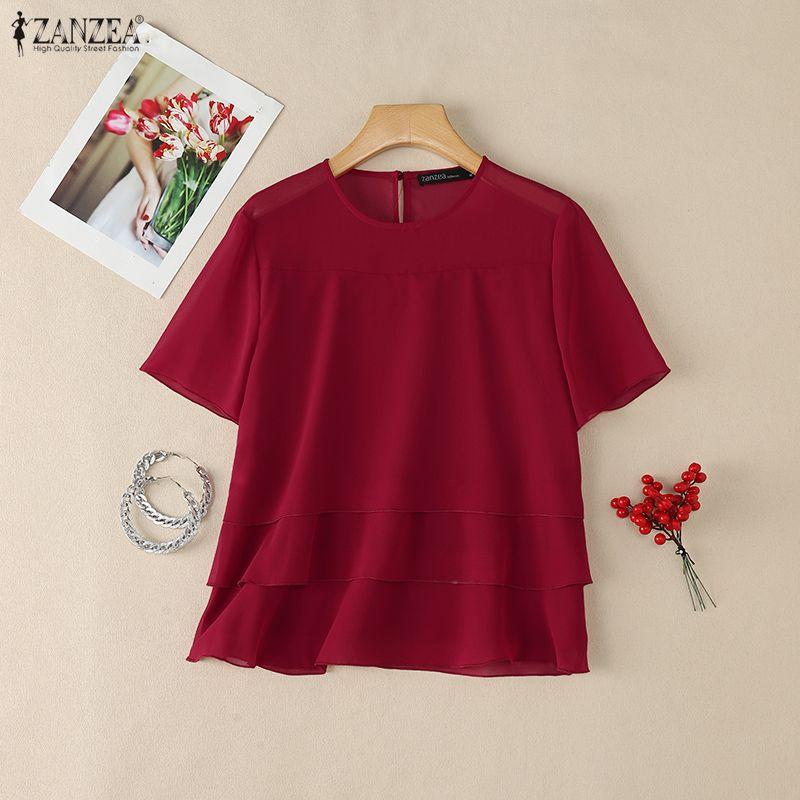 ZANZEA Women Casual Sheer Mesh Splice Round Neck Short Sleeve Blouse
