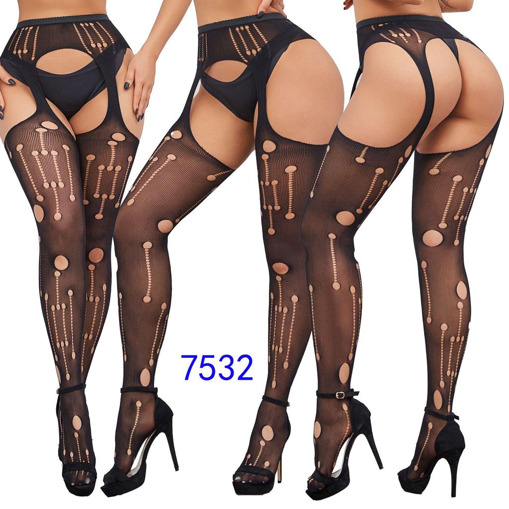 Women's Sexy Crotchless Fishnet Suspender Stockings with Eye Jacquard Design - Style 7501