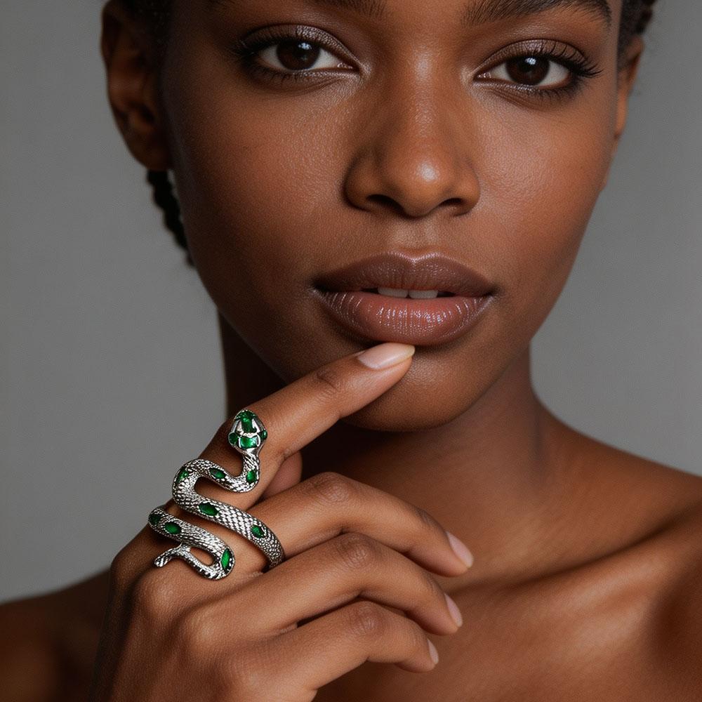 Snake Shaped Open Ring For Women Men Vintage Green Enamel Zircon Irregular Adjustable Finger Rings Jewelry