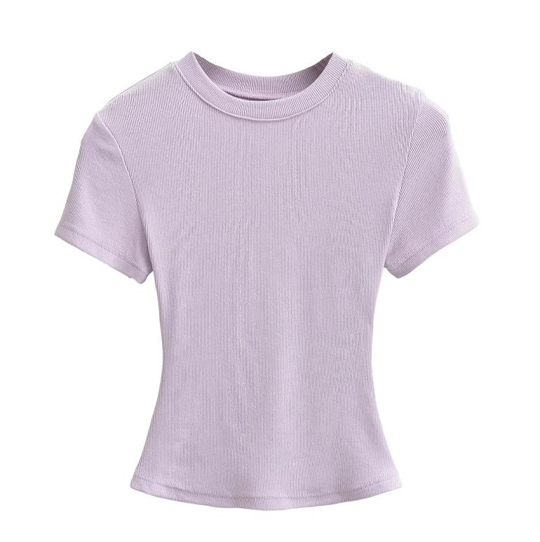 Summer New Female American Spice Girl Solid Color Crew Neck Short Sleeve T-Shirt Basic Threaded Bottom Top