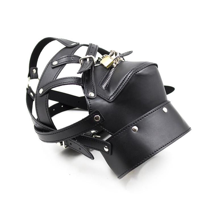 PU Leather Head Hood Harness Lockable Mouth Zipper Mask Padlock  Sex Toys  Bondage Headgear Slave Restraint Adult Game