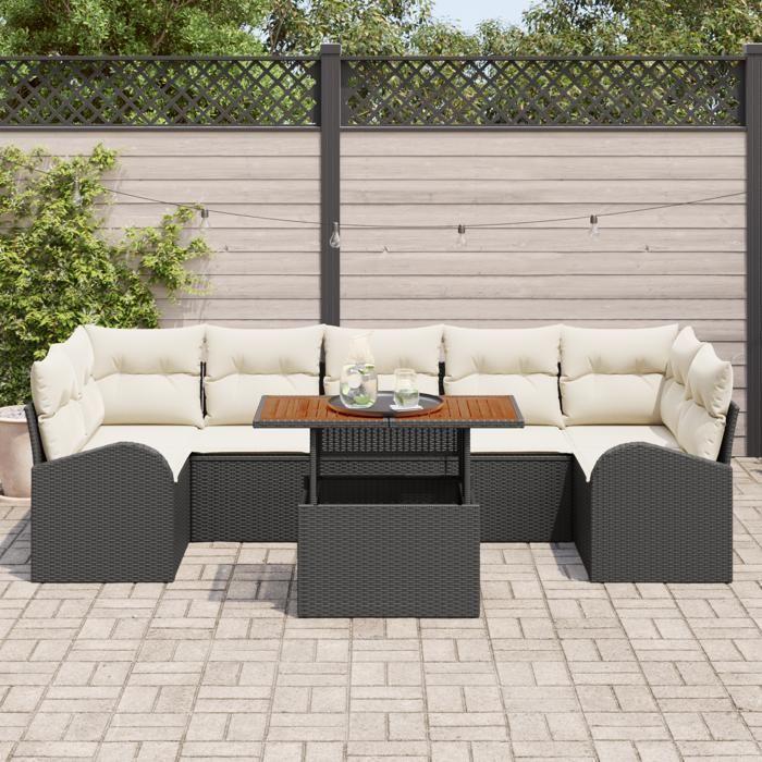 VidaXL Ensemble de salle à manger de jardin 8 pièces avec coussins Noir en Poly Rattan Acacia 3349550