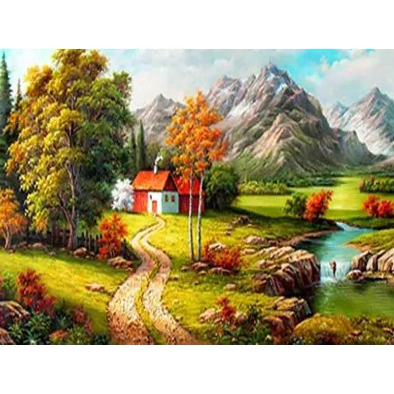 Pictură cu diamant 5D DIY, peisaj, casă, broderie cu diamant, peisaj, punct de cruce, burghiu rotund complet, decor cadou manual