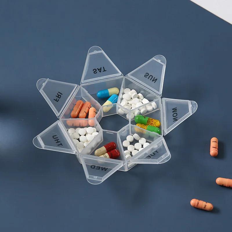 Tragbare wöchentliche Pillendose mit sieben Fächern, bunt, transparent, Pillen einnehmen, Gott-Organizer, sieben Tage Pillendose, Spender