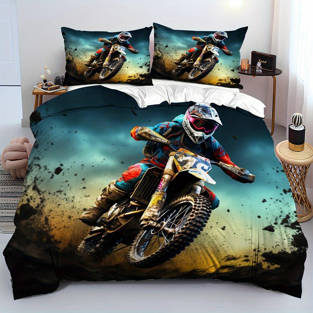 Extreme Sports Theme Colorful Graffiti Motorcycle Duvet Set Soft Bedding Set Three-Piece Set
