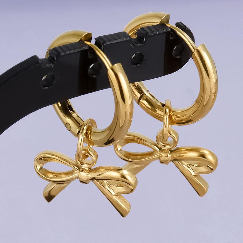 Real Gold Plated Fashion Kpop Piercing Jewelry Girl Bowknot Flower Heart Pendant Earring Stainless Steel Hoop Earrings For Women