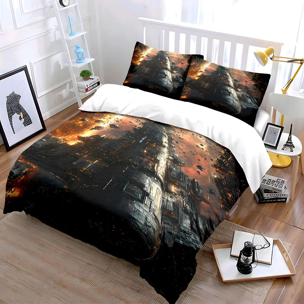 Futuristic Space Battleship Scene Bedding Duvet Cover Set  (1*Duvet Cover 2*Pillowcases, without duvet insert)