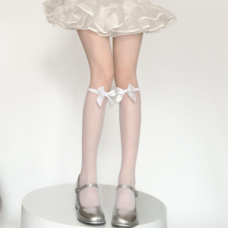 White Bow Tube Socks, Fishing Net Solid Color Fresh And Sweet Girl Heart Calf Socks, Lolita Short Skirt Stockings
