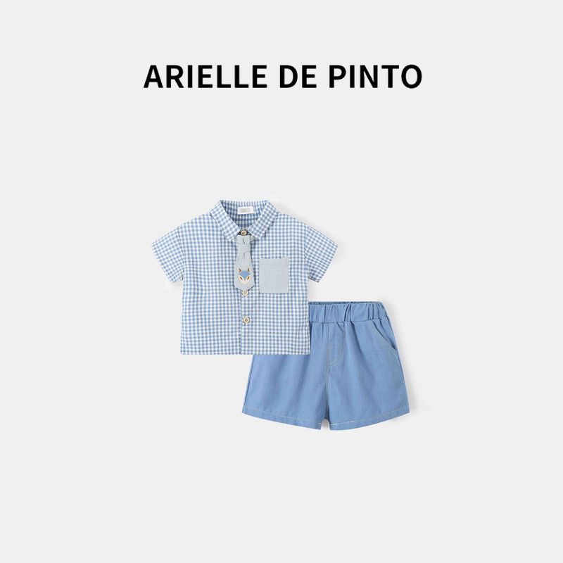 French Arielle De Pinto Summer Casual Boys Small Suit Shirt Two-Piece Set Children s Clothing Children s Suit Sky Blue 120