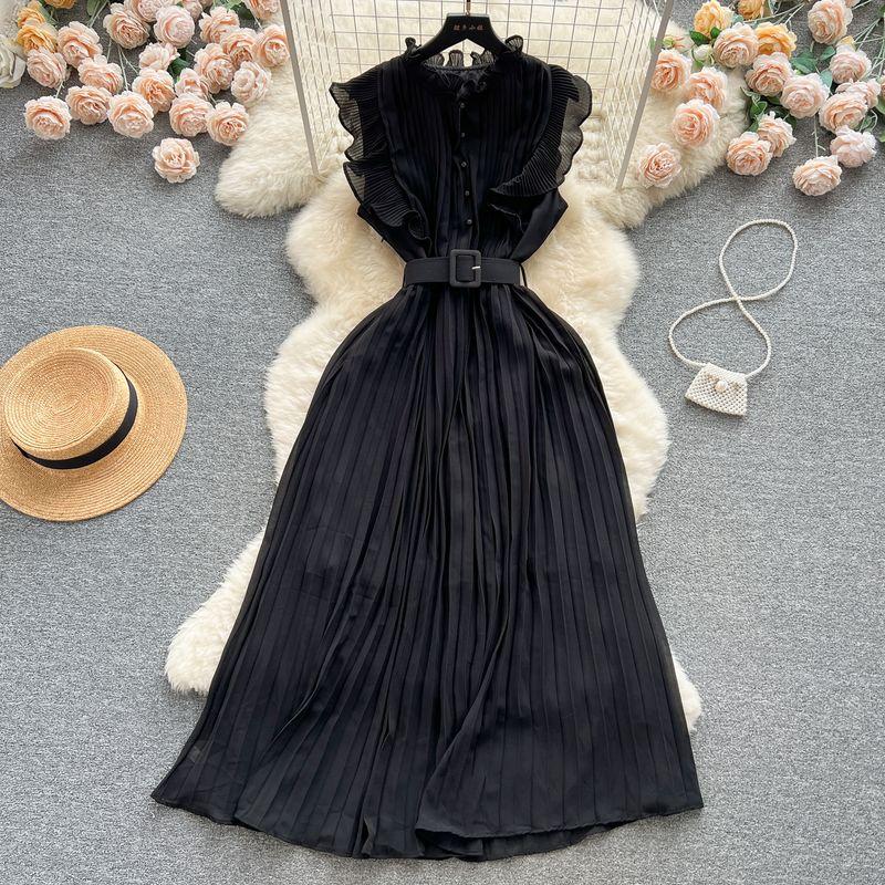 

Design with Belt Niche Style Chiffon Summer Dress Black One size