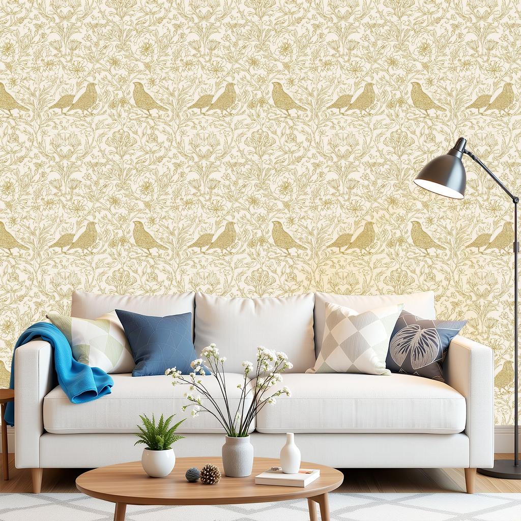 Vintage Blumen Vogel Gold Tapete 22,83"X118" Wasserdichte Tapete für Wohnzimmer/Schlafzimmer/Badezimmer PVC Wandaufkleber