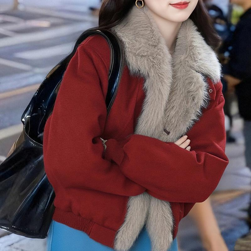 Damen Petites High-End Rote Kunstfuchsfell Lederjacke - Umweltfreundlicher Kurzer Wintermantel