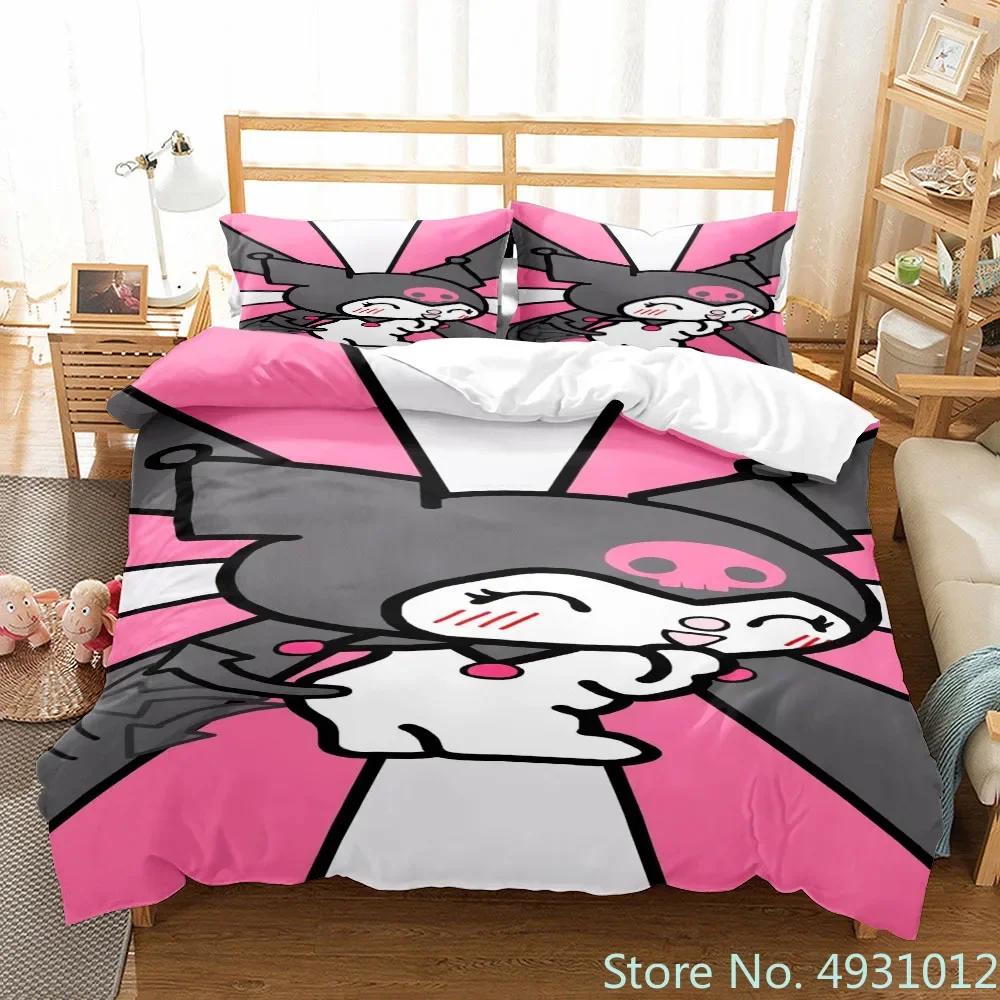 Sanurgente Kuromi Melody Bedding Set Pillowcase Anime Bedclothes Cartoon 3D Printed Kids Adult Boys Quilt Duvet Cover Gift