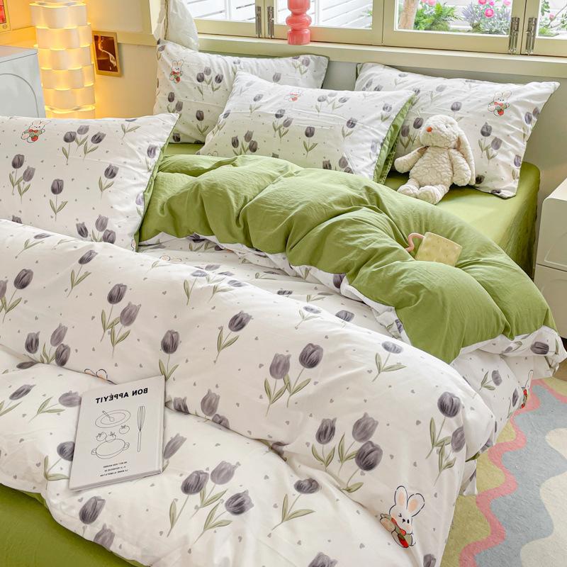 Class A Maternal And Infant Grade Washed Cotton Four-Piece Set Cotton Cartoon Small Fresh Pure Cotton Mattress Quilt Cover 3Pcs Set