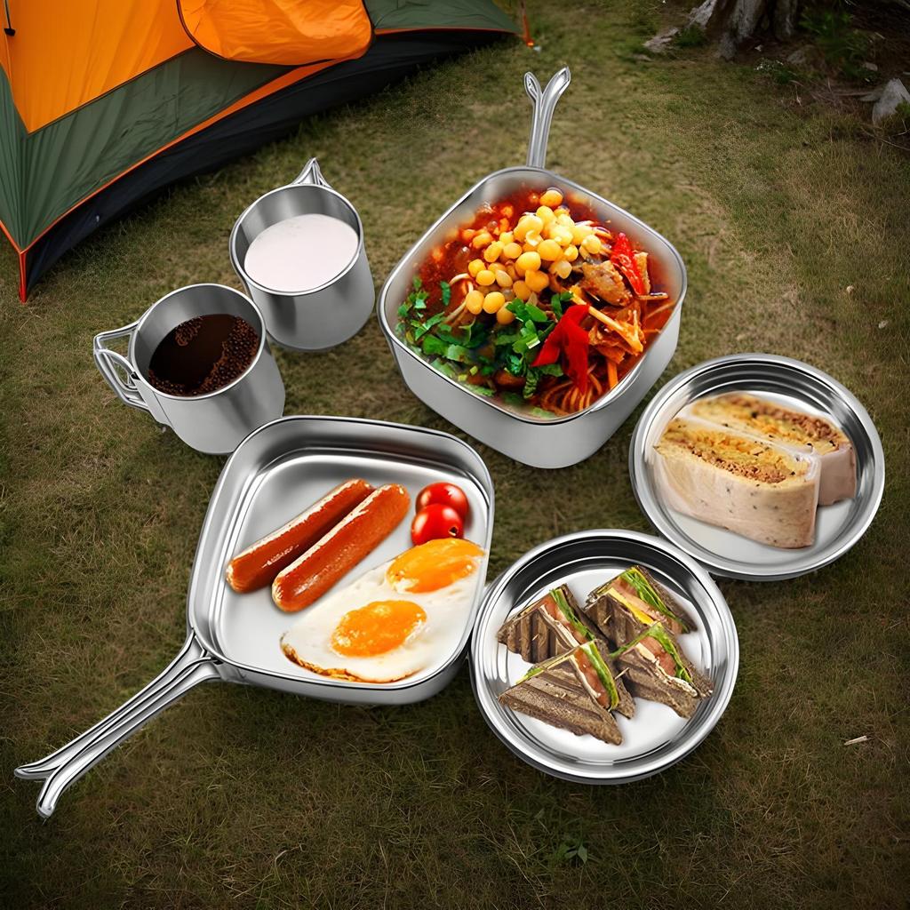 Camping Cooking Set Stainless Steel Camping Pots And Pans Kitchen Set 6 Pieces Stewing Frying Portable Outdoor Kitchenware For