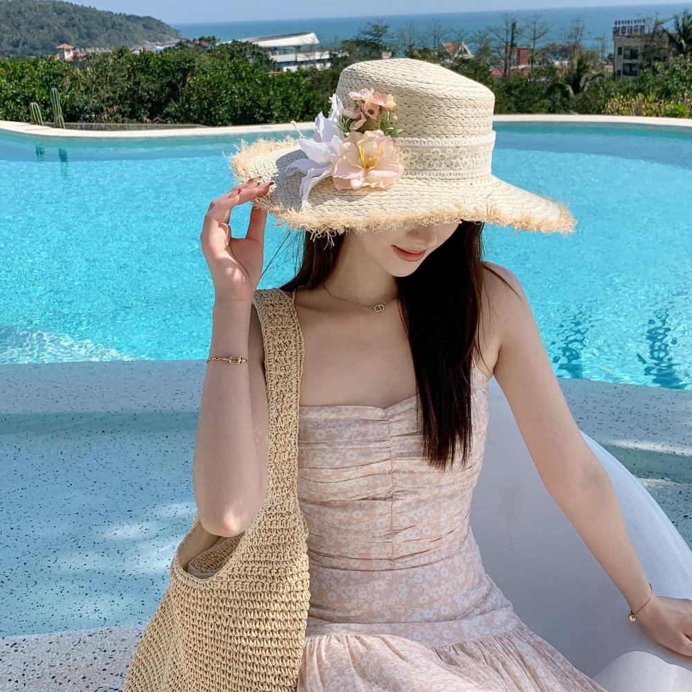 Tassel Edge Weave Flat Cap Wide Brim Women's Sun Hats Casual Lace Flower Straw Hat  Holiday