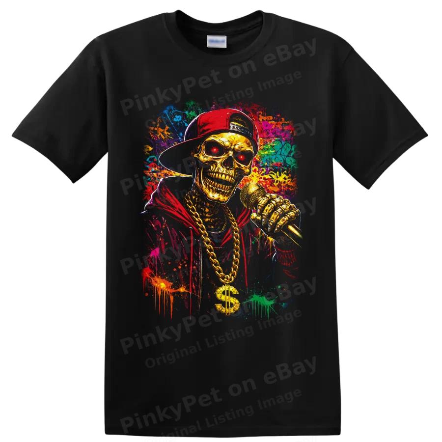 Hip Hop Skeleton Rapper T Shirt w/ Gold Chain Microphone Graffiti Skull Art Tee