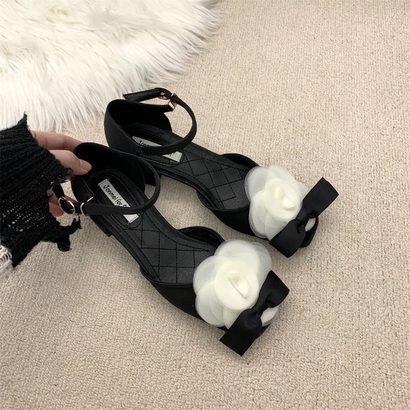 2025 spring and autumn new fashion versatile high-heeled French Mary Jane shoes high-end sense niche tea flower butterfly