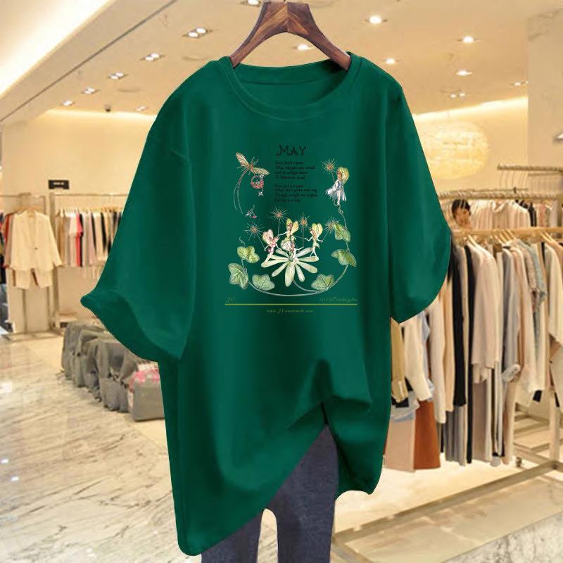 Women's White Summer Casual Loose Fit Pure Cotton Printed Short-Sleeve T-Shirt Undershirt