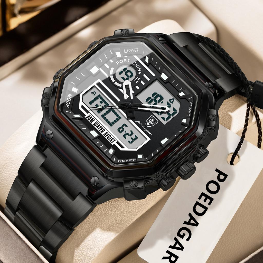 POEDAGAR Top Luxury Men Quartz Watch Waterproof Stainless Steel LED Man Watch Week Date Sports Military Electronic Watches