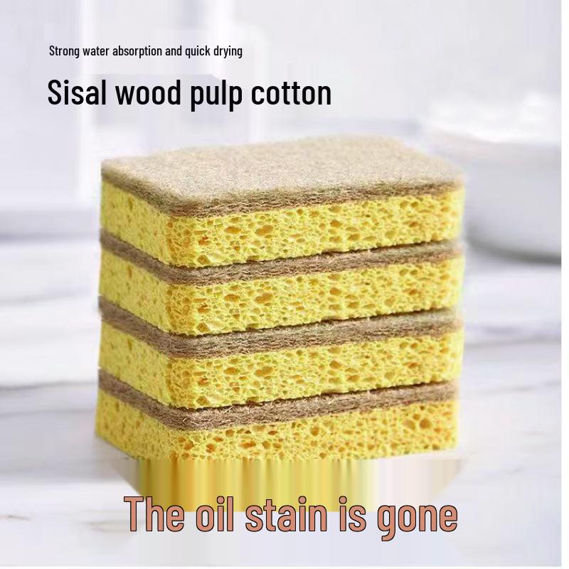 Double-sided Sisal Sponge with Wood Pulp Cotton for Oil-Free Dishwashing and Pot Scrubbing - Kitchen Wiping Cloth