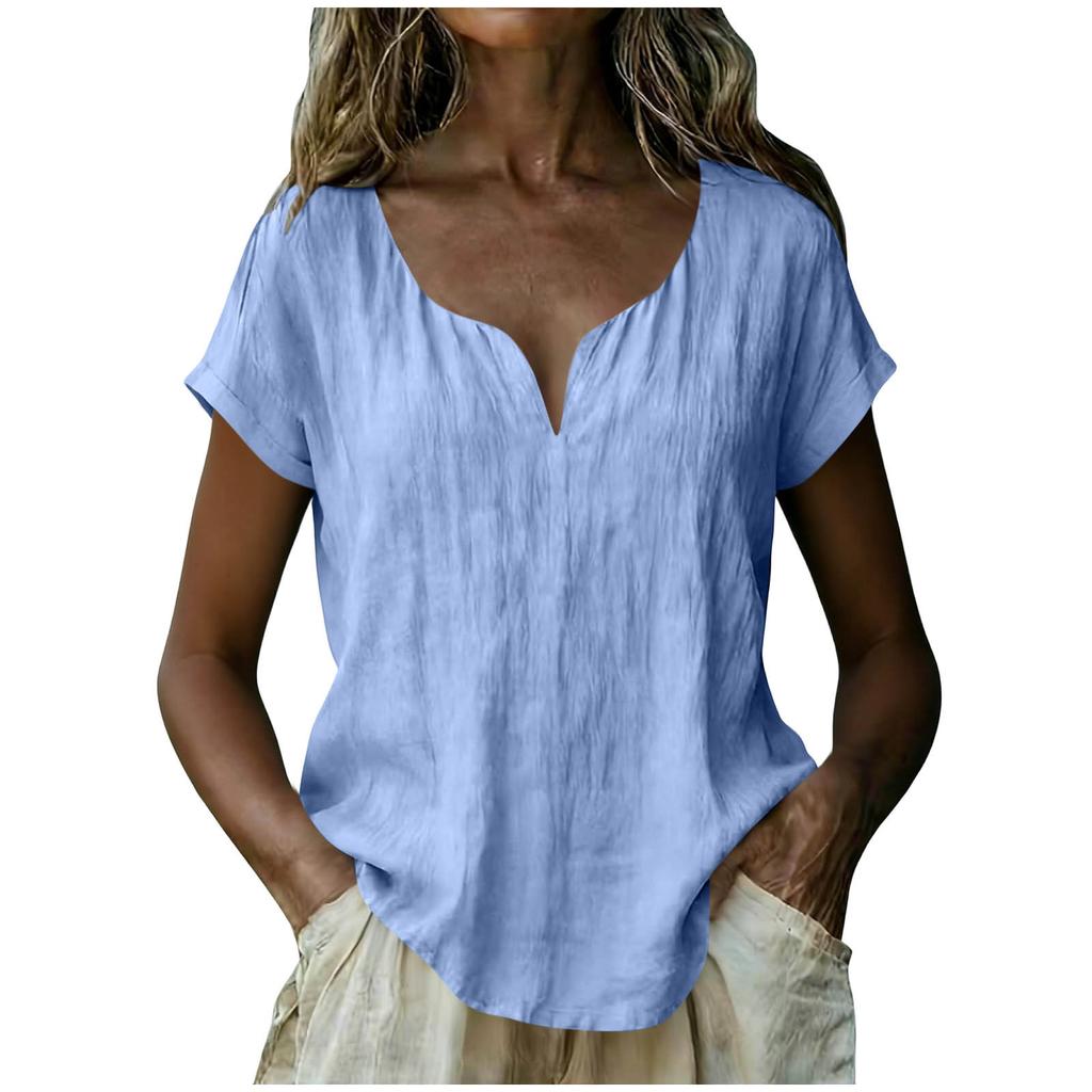 Women's Loose-Fit Fashionable Cotton-Linen -Color V-Neck Casual Top