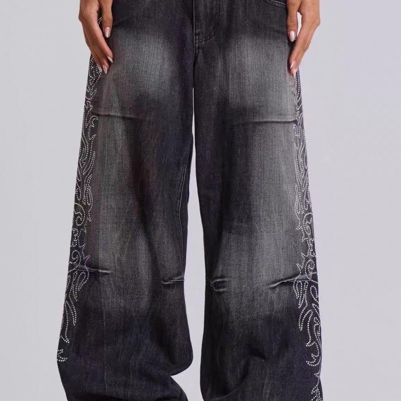 RogueWave Women Denim Trousers Y2K-Style Side-Flame Embellished Rhinestone Washed Low-Rise Wide-Leg Jeans