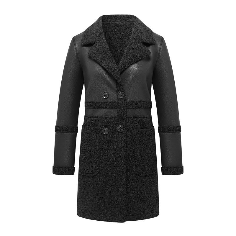 Winter mittellange samtverdickte Anzugkragen Reversible lose PU-Lederjacke für Damen
