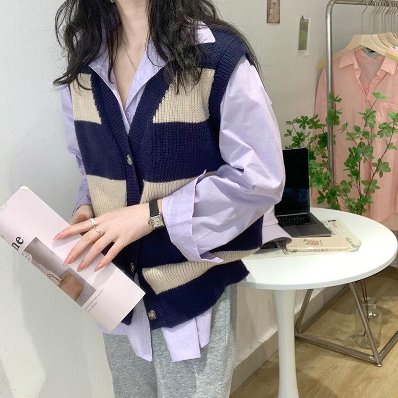 Single-breasted Striped Knitted Cardigan Spring New Women Fashion Sleeveless Knitted Sweater Slim Korean Vest Cardigan