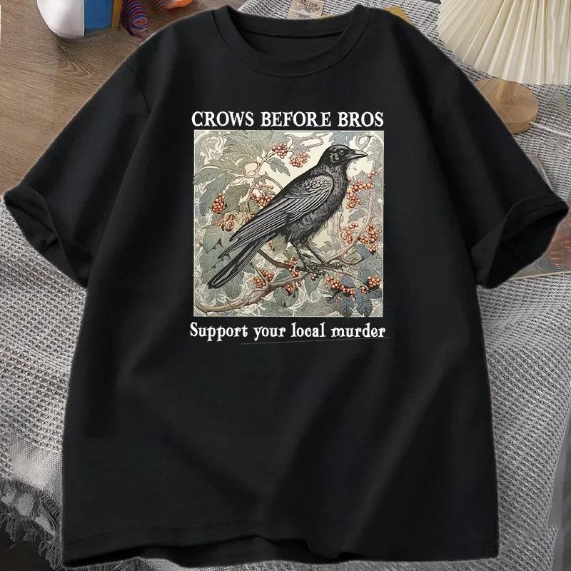 New Funny Crows Before Bros Retro T Shirt Men Halloween T-shirt Casual Cotton Crewneck Short Sleeve Tee Dark Academia Clothing