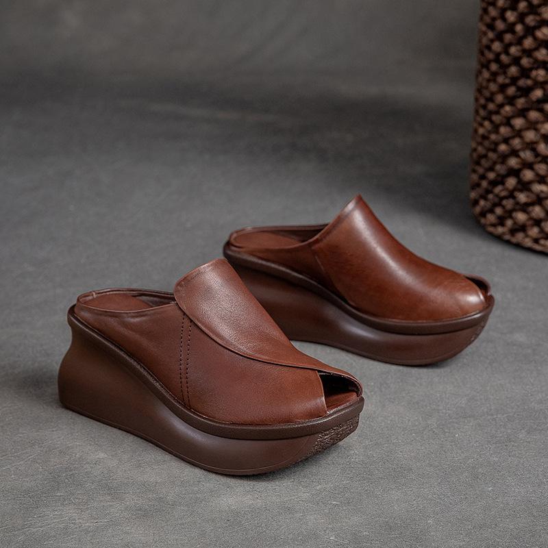 Summer Genuine Leather Fish Mouth Platform